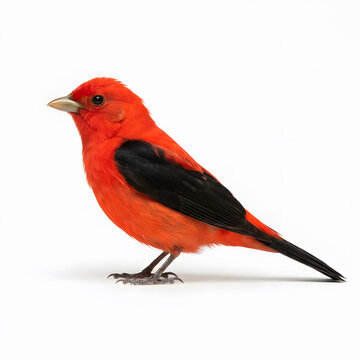 Bright red bird with black wings on white background