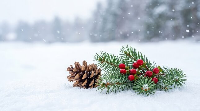 A close-up photograph of a natural pine cone and a fresh green fir branch with red berries resting on soft, powdery snow during a gentle flurry, season, close-up, nature