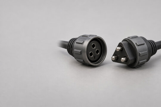 Disconnected three pin plug and socket lie on neutral surface. Space for text.