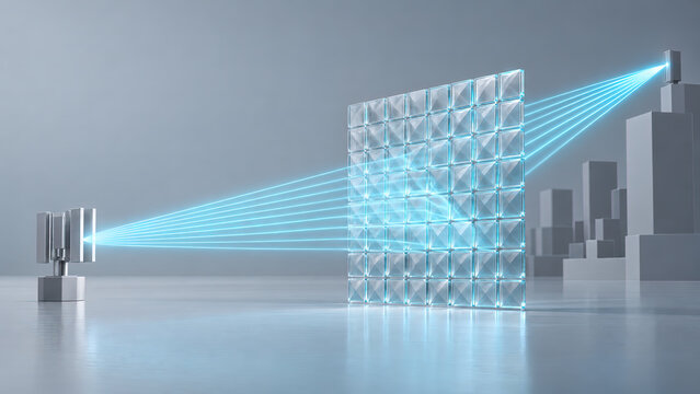 3D 6G terahertz communication and RIS smart surface concept, translucent metamaterial array with glowing THz beamforming vector with copy space