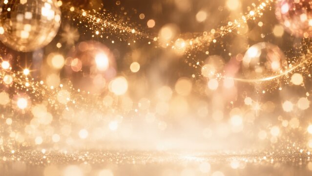 Goldener abstrakter Silvester Hintergrund mit funkelndem Bokeh &ndash; Elegante Lichtreflexe, Glitzerpartikel und warme Goldt&ouml;ne schaffen eine festliche Kulisse f&uuml;r Neujahr und Jahreswechsel.