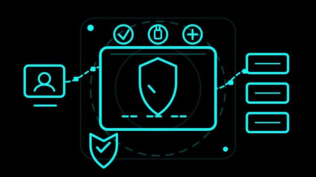 Futuristic cyber security interface animation with glowing neon shield icon user authentication digital network protection and secure firewall loop