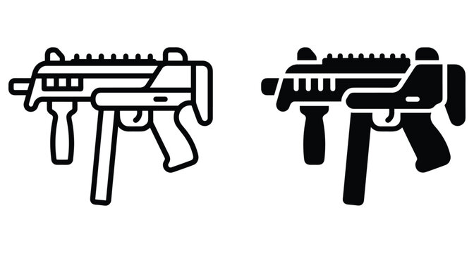 Submachine gun icon set featuring modern tactical firearm in outline and solid black silhouette styles for military and gaming design