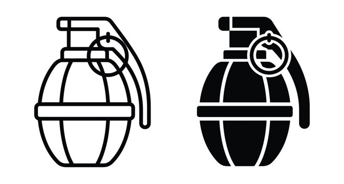 Hand grenade icon set featuring outline and solid black glyph styles for military weapon explosive combat and defense equipment