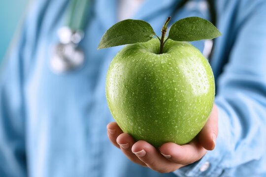 Green apple held by a healthcare professional wearing a blue shirt with a stethoscope around their neck, symbolizing health and nutrition in a clinical setting