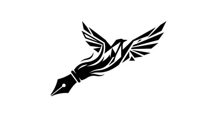 Fototapeta premium Modern minimalist black and white silhouette of a soaring bird merged with a fountain pen tip representing content creation, authorship, and artistic freedom