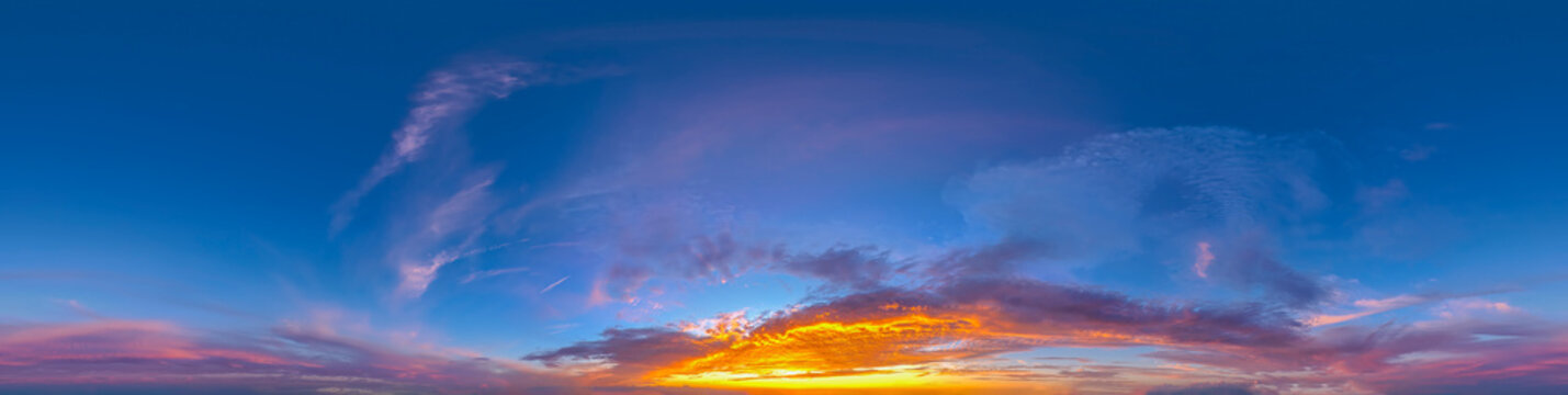360 VR 2:1 equirectangular dramatic sunset sky background overlay. Ideal for 360 VR sky replacement. High quality 300 dpi, adobe rgb color profile