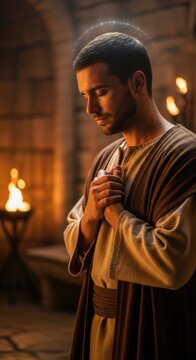 Biblical judge's meditation: Gideon figure, Old Testament, Israel leader, fifth messenger, humble prayer, divine light, spiritual seek, ancient faith.