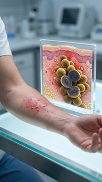 Microbial pathogen display: staphylococcus organism, bacterial growth, skin disease, dermal rash, medical research, cellular structure, tissue damage, health problem.