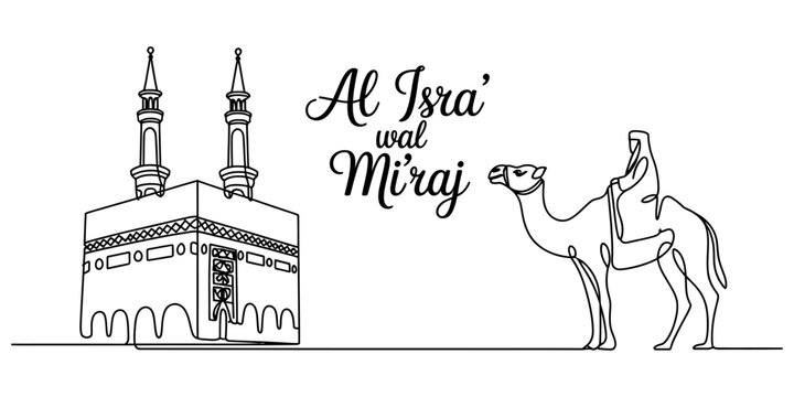 Al isra wal miraj line art illustration with mosque and person riding a camel