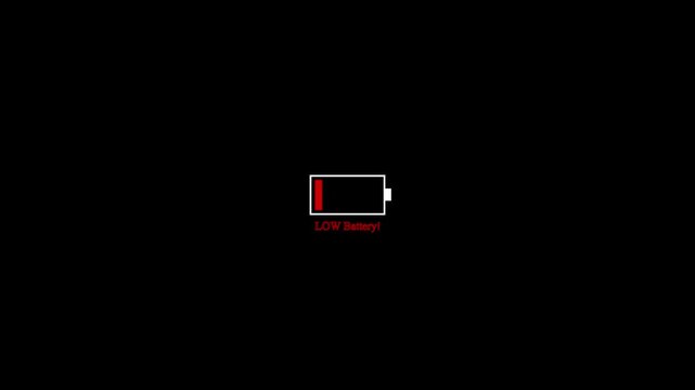white low battery icon with empty power level indicator on clean black background, minimal battery status symbol for charging, power, energy, smartphone, technology and interface