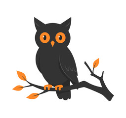 Fototapeta premium Black owl with orange eyes on a branch a Halloween character. Flat vector illustration isolated on a white background