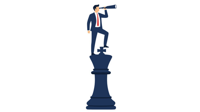 Business leader in suit standing atop giant chess king piece holding telescope strategic vision leadership success concept flat color vector illustration - professional detailed commercial stock