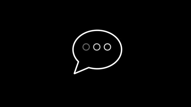 White chat bubble icon with three dots typing indicator on black background, minimal messaging symbol for communication, conversation, online chat, notification, social media and UI