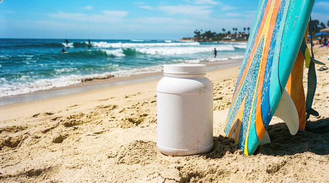 Mockup, beach, sea, surf, paradise, landscape, jar, whey protein, silver, gold, metallic, plastic, food, energy supplement, sport, healthy lifestyle, beautiful, vacation