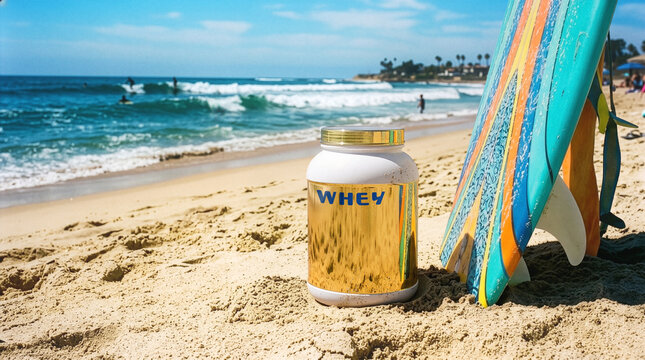 Mockup, beach, sea, surf, paradise, landscape, jar, whey protein, silver, gold, metallic, plastic, food, energy supplement, sport, healthy lifestyle, beautiful, vacation
