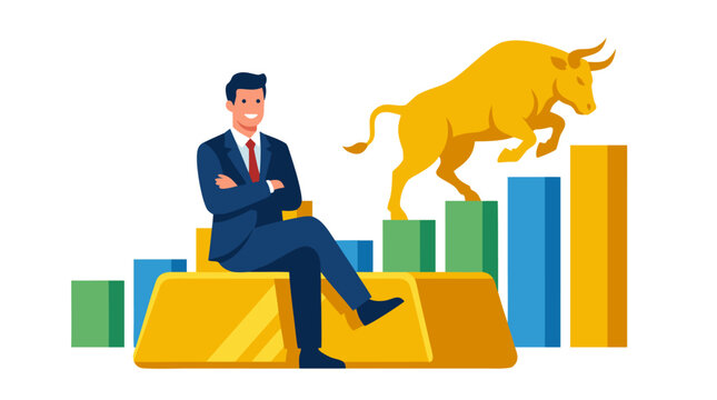 Confident businessman sitting on gold bullion ingot with charging golden bull running across rising colorful bar charts financial growth success wealth investment concept vector illustration