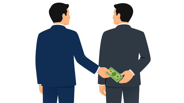 Secretive Cash Exchange Between Two Businessmen in Suits, Underhand Bribery Payment, Corrupt Business Deal, Backhand Money Transfer, Bold Flat Vector Illustration - detailed commercial stock imagery