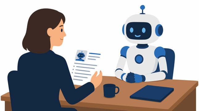 Professional businesswoman in blue suit interviewing friendly white robot applicant at desk, holding paper resume with robot photo, future workplace concept, flat vector illustration