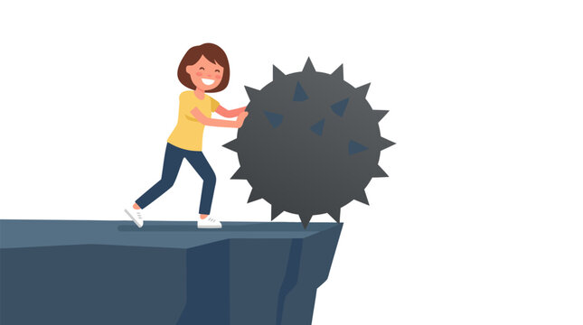 Cheerful happy woman in yellow shirt pushing giant dark gray spiky stress ball off cliff edge, concept of stress relief, anxiety release, mental health and overcoming burden vector illustration