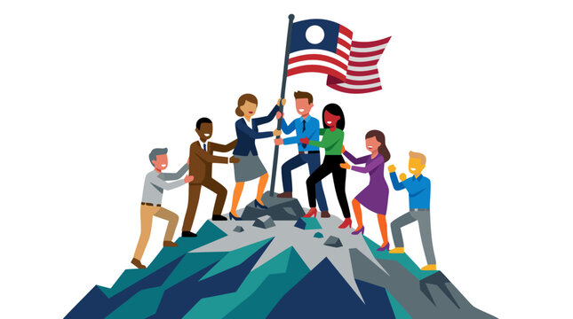 Group of diverse business colleagues planting American flag on stylized mountain peak, teamwork success achievement, bold flat vector illustration, corporate summit concept