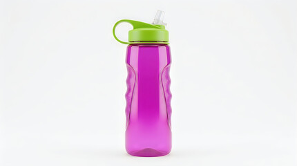 Obraz premium A purple plastic water bottle with a green lid and straw isolated on white background