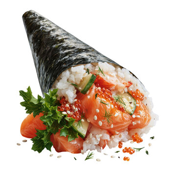 Realistic salmon sushi temaki hand roll cone with fresh ingredients served on a clean white background