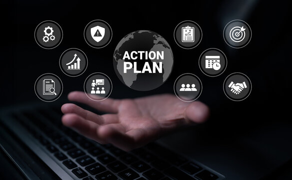 This image depicts a hand reaching out with a globe and icons, representing an action plan. Ideal for business presentations, strategic planning, and management discussions. Ledger