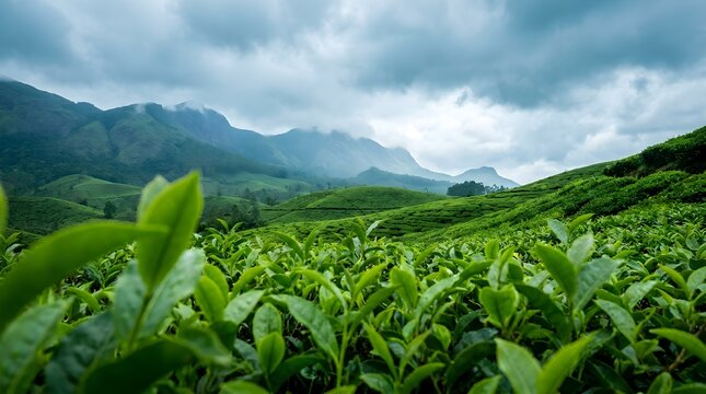A vibrant lush green tea plantation extends across a rolling hillside with distant mountains visible beneath a dramatic cloudy sky during bright
