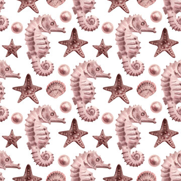 Hand painted watercolor illustration seahorse, starfish, seashell, pearls, pearl blush pink seamless pattern. Transparent backgrounds tropical. Artistic marine design coastal decor stationery creative