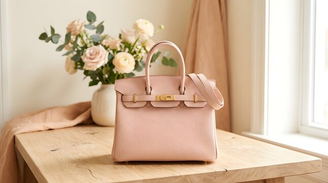 A beautifully styled elegant pink handbag with gleaming gold hardware is showcased on a table next to a lovely bouquet of fresh