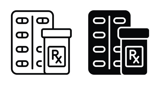 Medical pill blister pack and prescription bottle icons set with rx symbol for pharmacy healthcare treatment medication and drug store