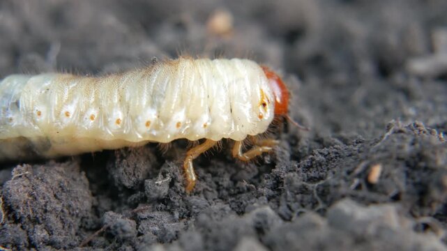 Macro Close-Up of Cockchafer Beetle Larva Melolontha Crawling and Burrowing into Dark Agricultural Soil.