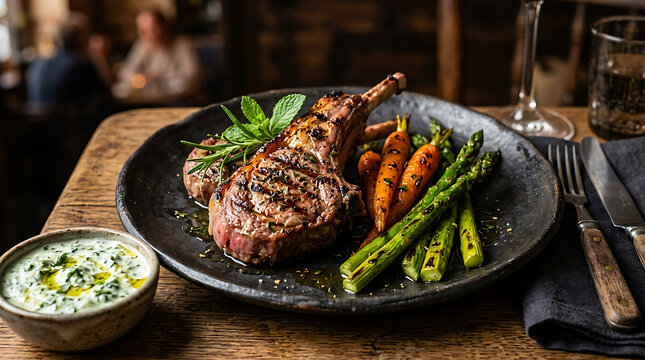 Grilled lamb chop with roasted asparagus carrots and mint sauce on plate