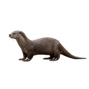 Alert Otter Standing Isolated on White Background, Wild Aquatic Mammal