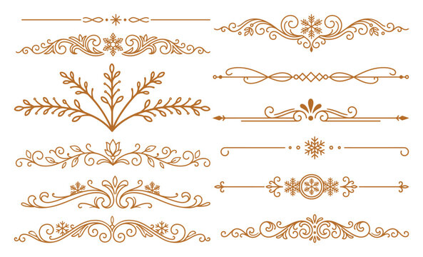 Orange vintage filigree dividers and snowflake design elements for winter holiday layout.