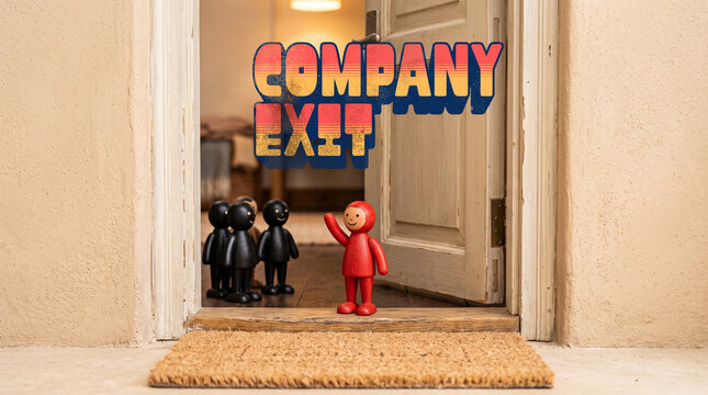 A red miniature figure walks through a wooden doorway away from black silhouettes. 3D text spells COMPANY EXIT, illustrating employee turnover, resignation, and corporate offboarding concepts.