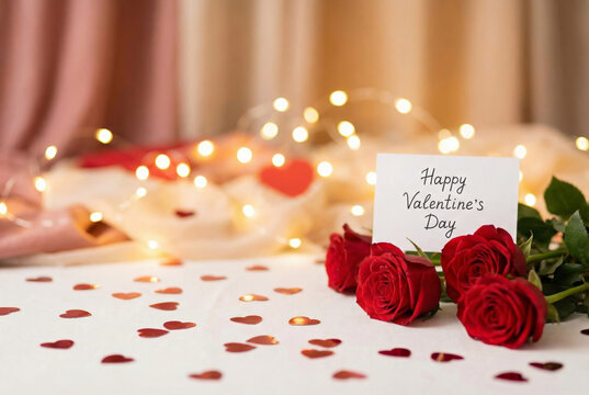 Happy Valentines Day Card With Red Roses And Lights