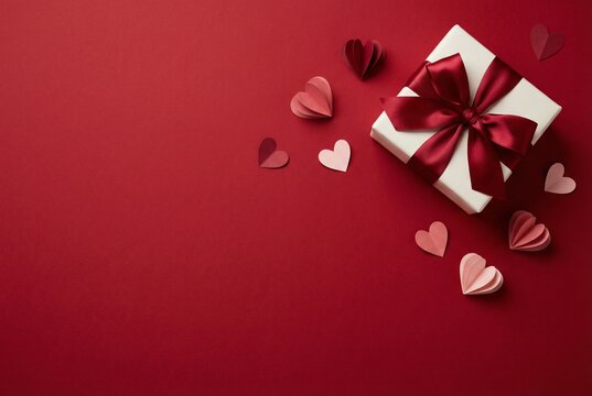 Valentines Day Gift Box On Red Background With Hearts