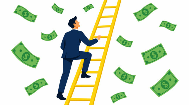 Confident businessman climbing a tall yellow ladder into the sky surrounded by floating paper money banknotes vector illustration demonstrating ambitious financial career elevation