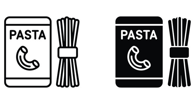 Pasta package and spaghetti bundle icons in outline and solid styles for food packaging grocery store and italian cuisine design