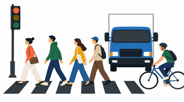 Pedestrians Crossing Zebra Crosswalk at Red Traffic Light with Box Truck Waiting and Cyclist Passing Urban Street Scene Vector Illustration - professional high detailed commercial stock imagery with