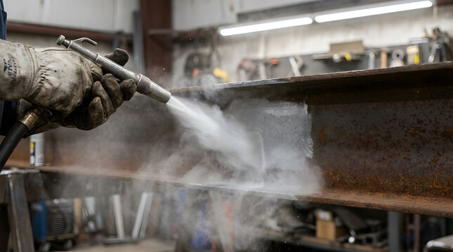 Industrial worker uses high pressure sandblasting equipment to remove rust and corrosion from steel beam surface in a professional metal fabrication workshop setting with bright lighting 