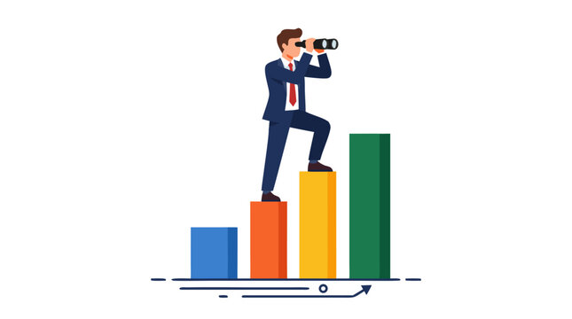 Businessman standing on bar chart climbing upward looking through binoculars confident pose bold flat vector illustration growth success finance investment leadership future vision