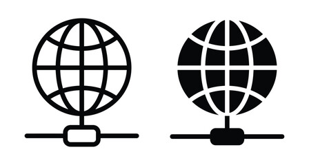 Obraz premium Global network connection icons showing world globe connected to internet server line in outline and solid black flat vector style