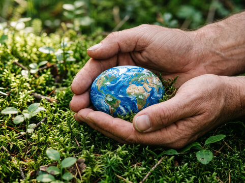 Caring Hands Protecting Mini Earth Globe In Natural Moss