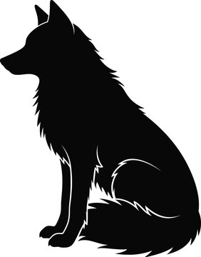 Silhouette of a majestic wolf sitting in profile against a plain white background