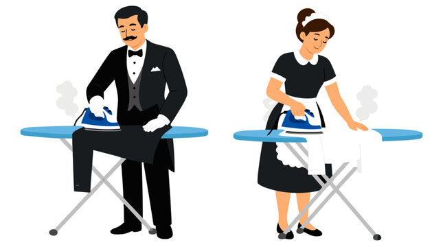 Butler in tuxedo and maid housekeeper in apron pressing garments on blue ironing boards using steam irons, hospitality and domestic housekeeping service flat vector illustration on white