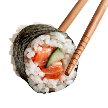 Chopsticks hold sushi maki roll with salmon in
