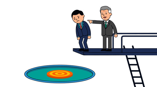 Nervous businessman standing on diving board while senior mentor points down toward pool target, executive coaching and overcoming fear flat vector illustration on white background